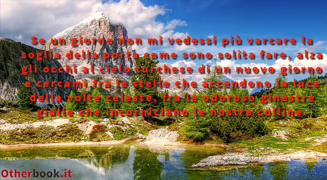 Se un giorno non mi vedessi più varcare la soglia della porta
come sono solita fare, alza gli occhi al cielo turchese di un nuovo giorno e cercami fra le stelle che accendono la luce della volte celeste, fra le odoroso ginestre gialle che incorniciano le nostre colline. Cercami negli occhi di chi ami. Cercami nel silenzio del tuo Cuore - Stephanie Sorrel
