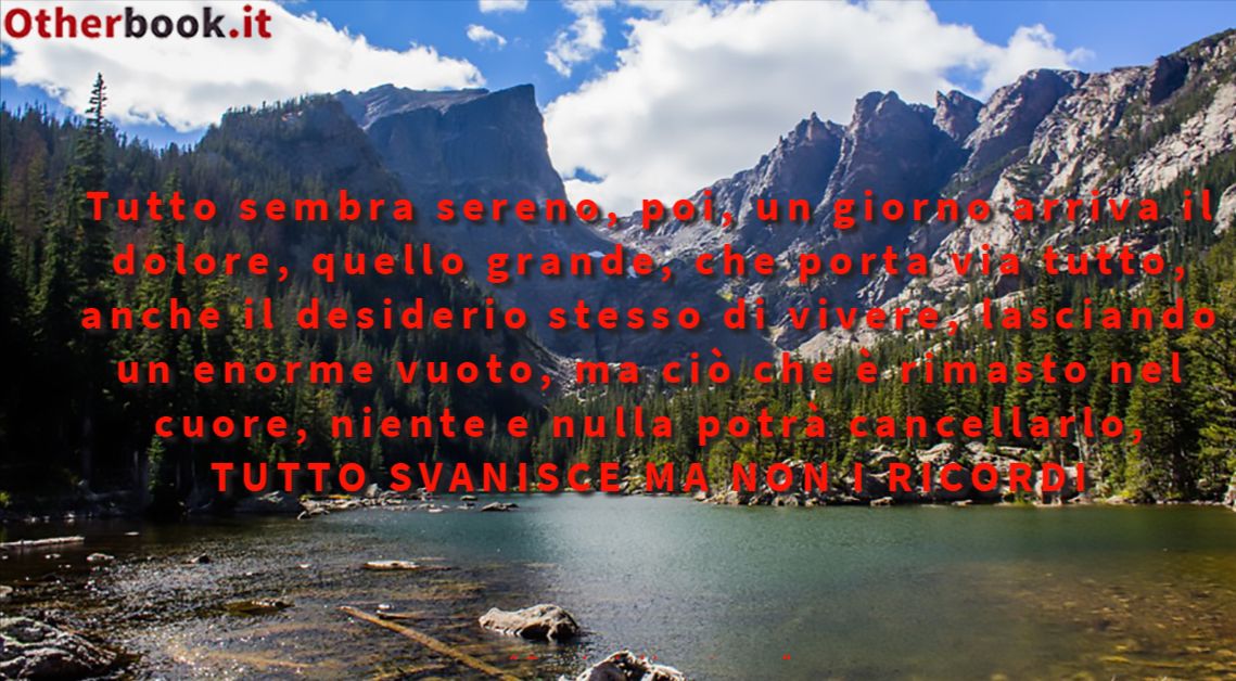 Tutto sembra sereno, poi, un giorno arriva il dolore,
quello grande, che porta via tutto, anche il desiderio stesso di vivere,
lasciando un enorme vuoto, ma ciò che è rimasto nel cuore,
niente e nulla potrà cancellarlo, TUTTO SVANISCE MA NON I RICORDI - 